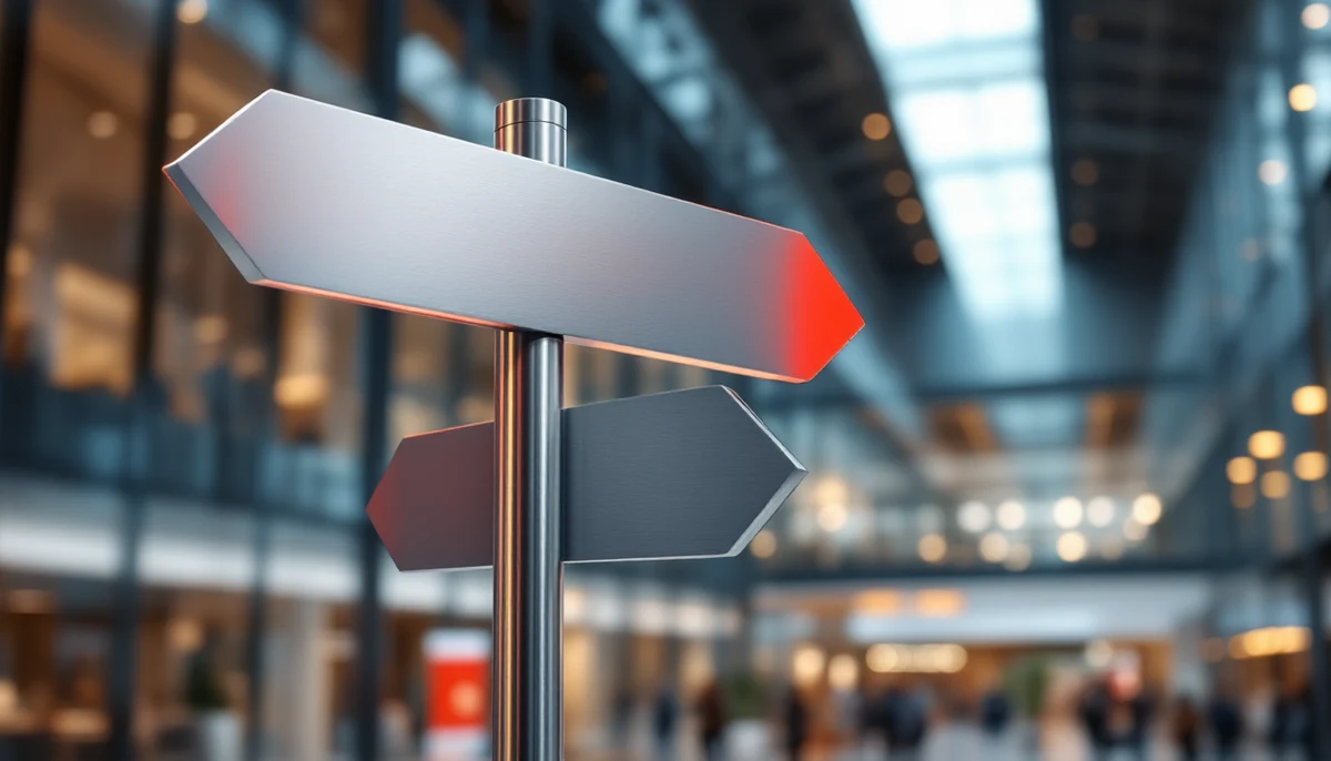 A modern brushed-metal multi-directional wayfinding signpost in a corporate atrium, three blank arrows pointing left, right and straight ahead — the central arrow in scarlet red, signalling the umbrella explainer's routing function.