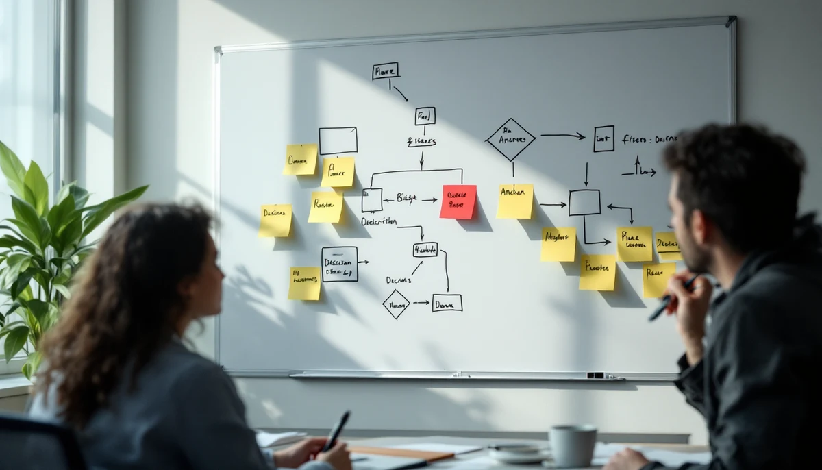 An engineering war-room whiteboard covered in a hand-drawn incident flow chart with sticky notes, one scarlet-red note at a central node — the visual marker for accessibility-as-incident reporting.