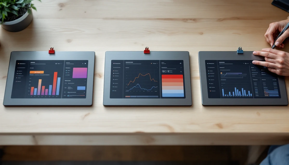 Five brushed-aluminium SaaS-evaluation panels arranged on a workbench, the central panel marked with a scarlet-red selected tab — the visual hook for the monitoring buyer's guide.