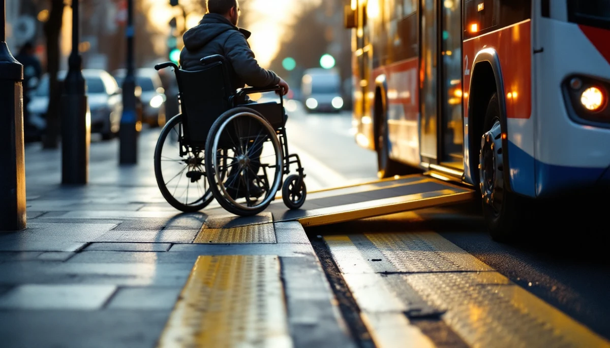 A modern low-floor city bus kneeling at the kerb with its ramp deployed, a wheelchair user approaching to board, in soft early-morning light.