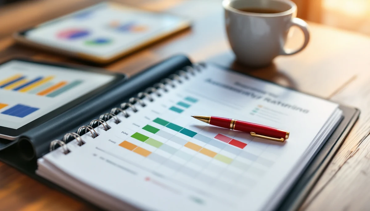 An accessibility-report binder open to a colour-coded severity-rating grid next to a tablet showing the digital dashboard view, a red fountain pen resting across the page — the report deliverable as a working artefact.