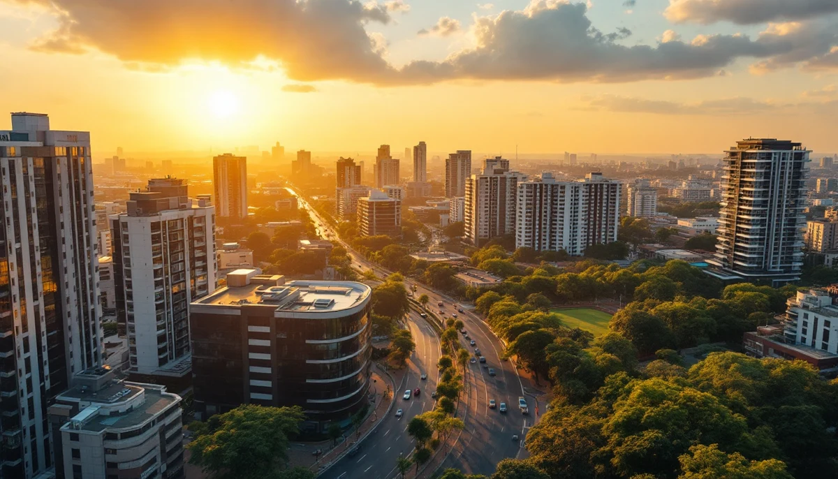 A modern African cityscape at golden hour, contemporary high-rises and boulevards — backdrop for the regional disability-rights survey.