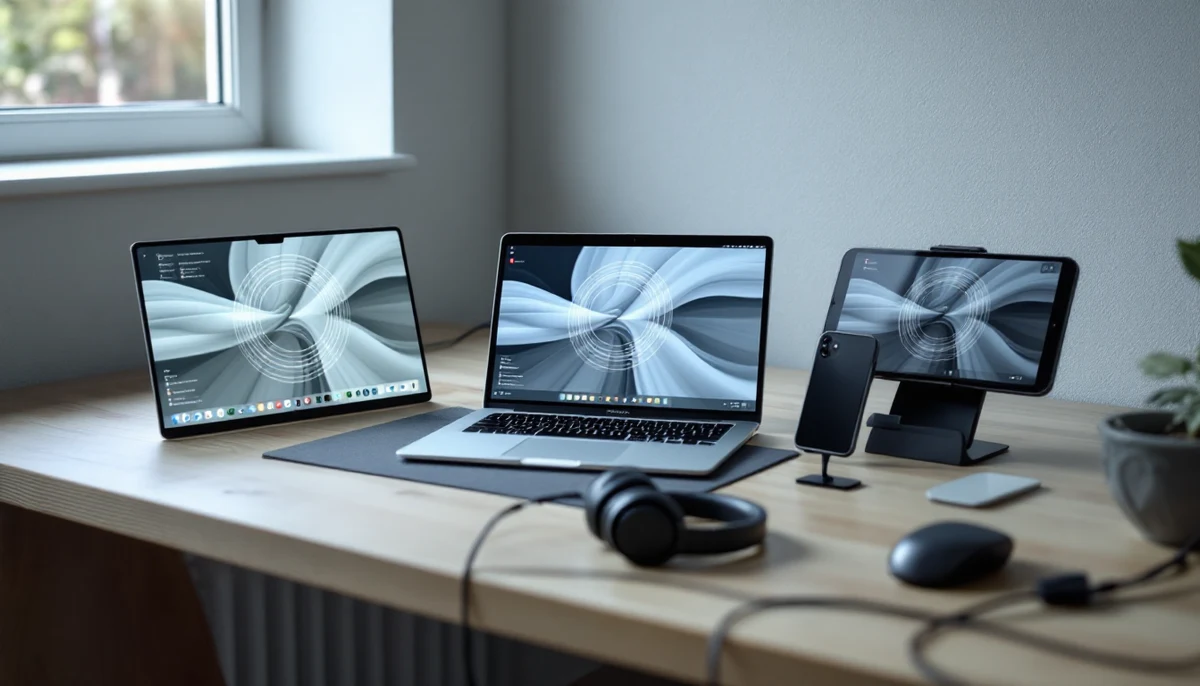 A developer's testing bench with three staggered devices — Windows laptop, MacBook and iPhone — each running a different assistive-tech overlay, headphones uncoiled beside them, a red active indicator on the centre laptop. The screen-reader testing matrix as a working scene.