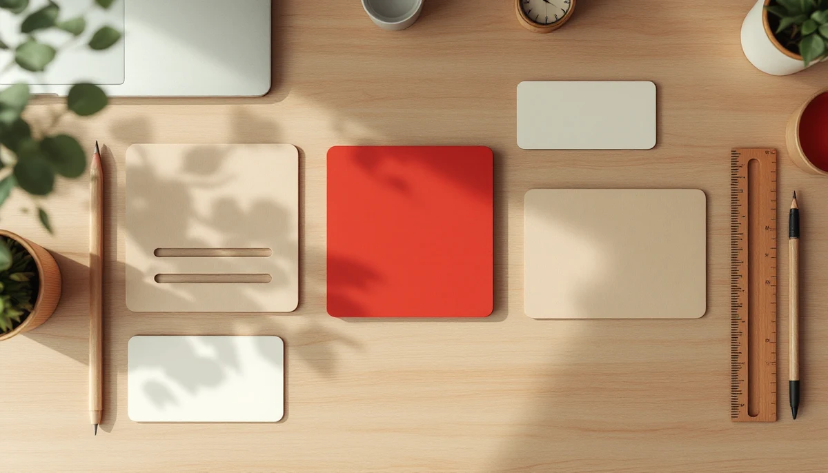 An overhead flat-lay of physical wooden UI-component cards on a Scandinavian oak desk, the centre card with a button cut-out rendered in scarlet red — the visual marker for the component-library audit.