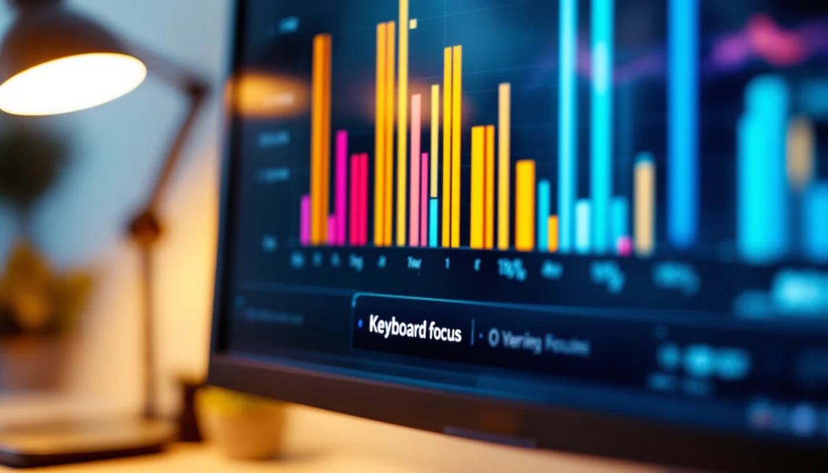 A monitor showing an accessible data visualisation with a focused bar and a screen-reader announcement of its values — the visual marker for accessible data-viz tooling.