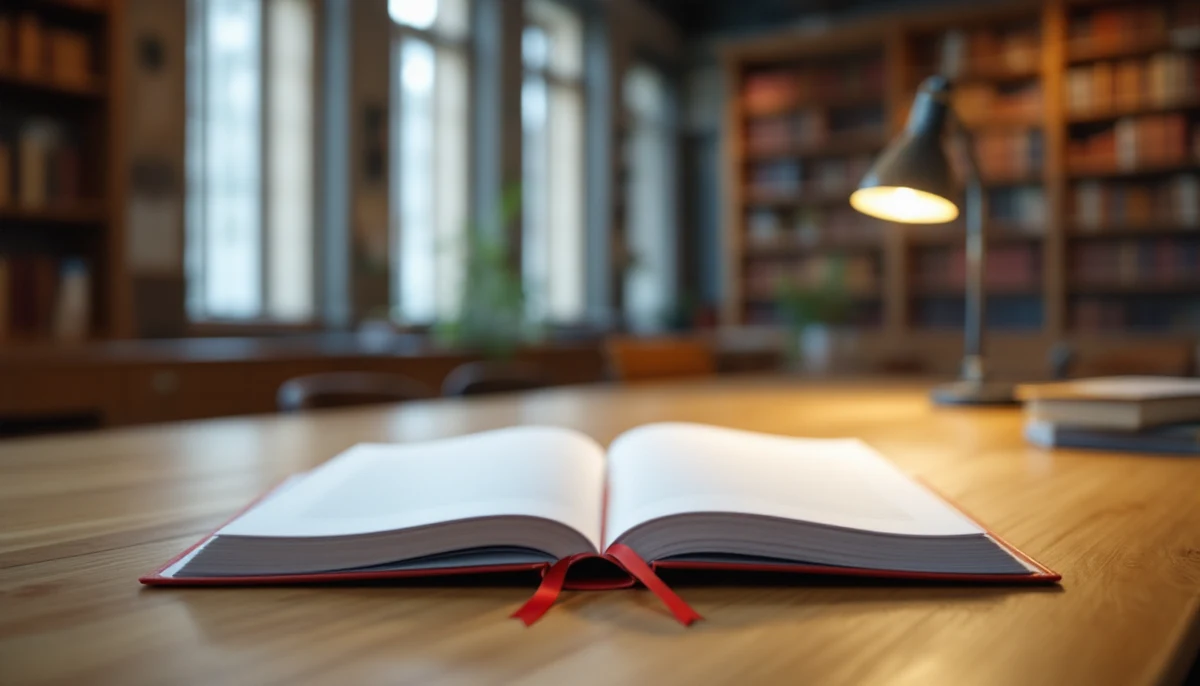 An open tender dossier under a desk lamp with a single scarlet bookmark ribbon, on a reading-room desk in a European public-administration building — the bureaucratic surface where procurement accessibility is decided.