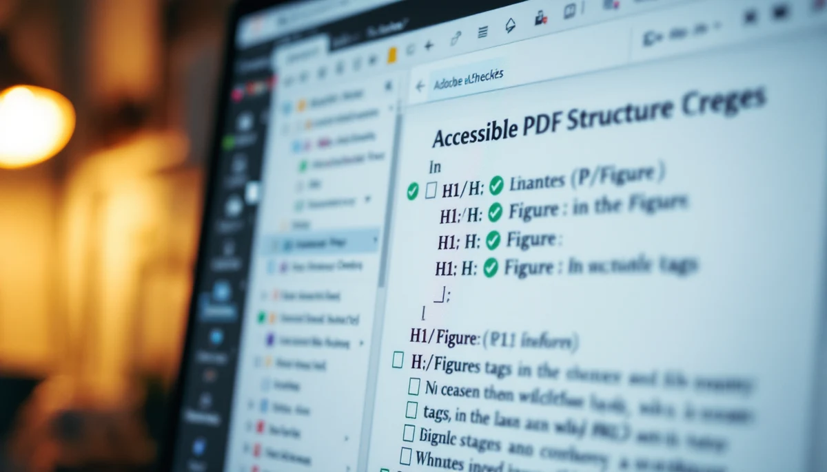 A monitor showing a PDF accessibility checker and a tagged-PDF structure tree with nested heading and paragraph tags — the visual marker for end-to-end PDF accessibility.