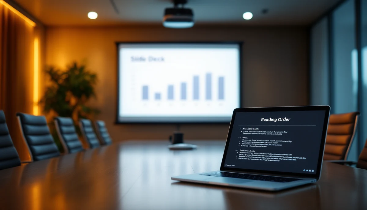 A conference room with a projected slide and a laptop showing the deck's reading-order outline — the visual marker for accessible presentation production.