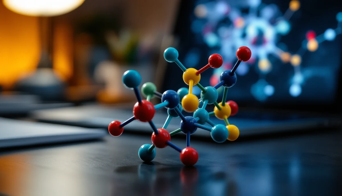 A 3D-printed molecular model on a desk with a laptop showing the same molecule rendered as SVG — the visual marker for accessible STEM diagram production.