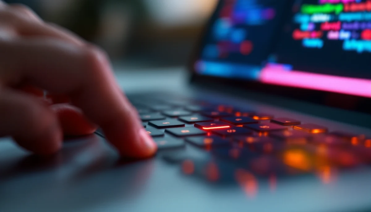 A fingertip pressing a glowing scarlet key to navigate a laptop by keyboard, the screen softly out of focus behind — evoking the keyboard-accessibility testing at the heart of web compliance.