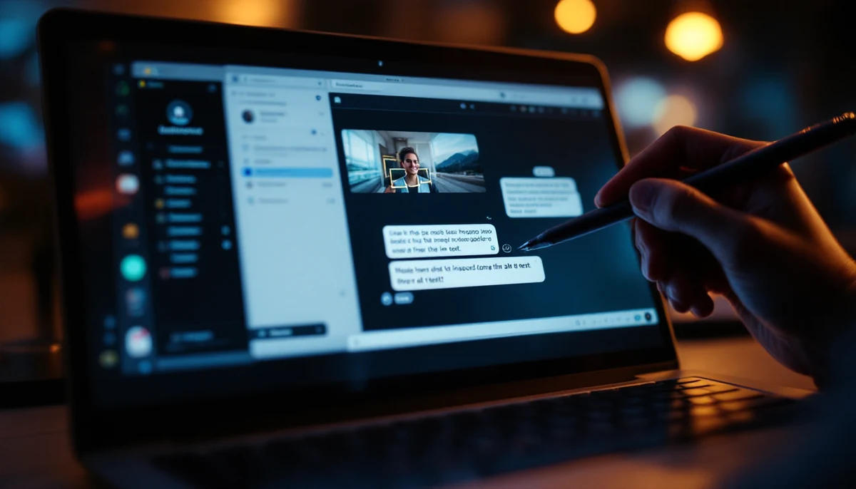 A laptop showing an AI assistant generating alt text for a photograph, with bounding boxes around detected objects — the visual marker for AI-and-alt-text reporting.