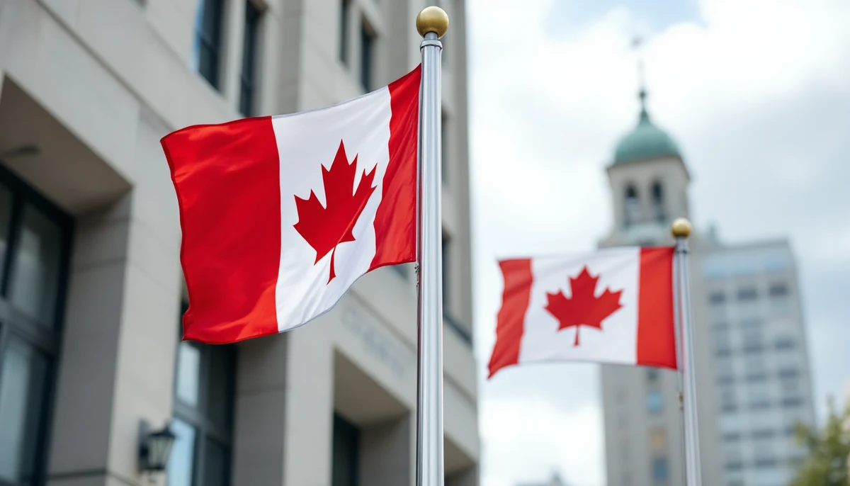 Canadian and Ontario flags side-by-side mounted in front of a government building — federal and provincial accessibility frameworks in parallel.