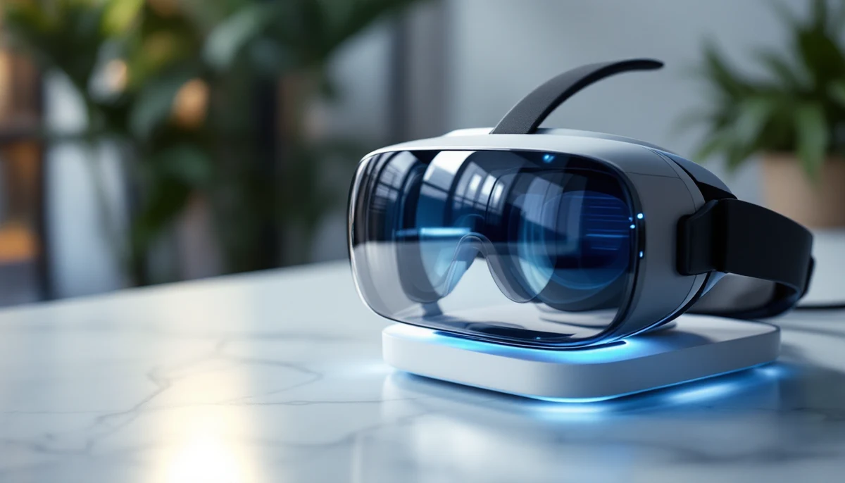A modern mixed-reality headset resting on its charging dock — the visual marker for XR + WebXR accessibility reporting.