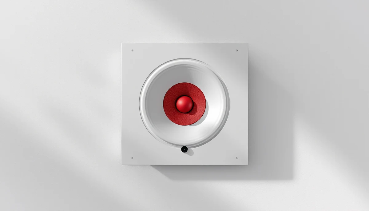 A wall-mounted flat-panel speaker with concentric painted ripple lines radiating outward, the innermost ring in scarlet red — the visual marker for live-region announcement plumbing across frameworks.