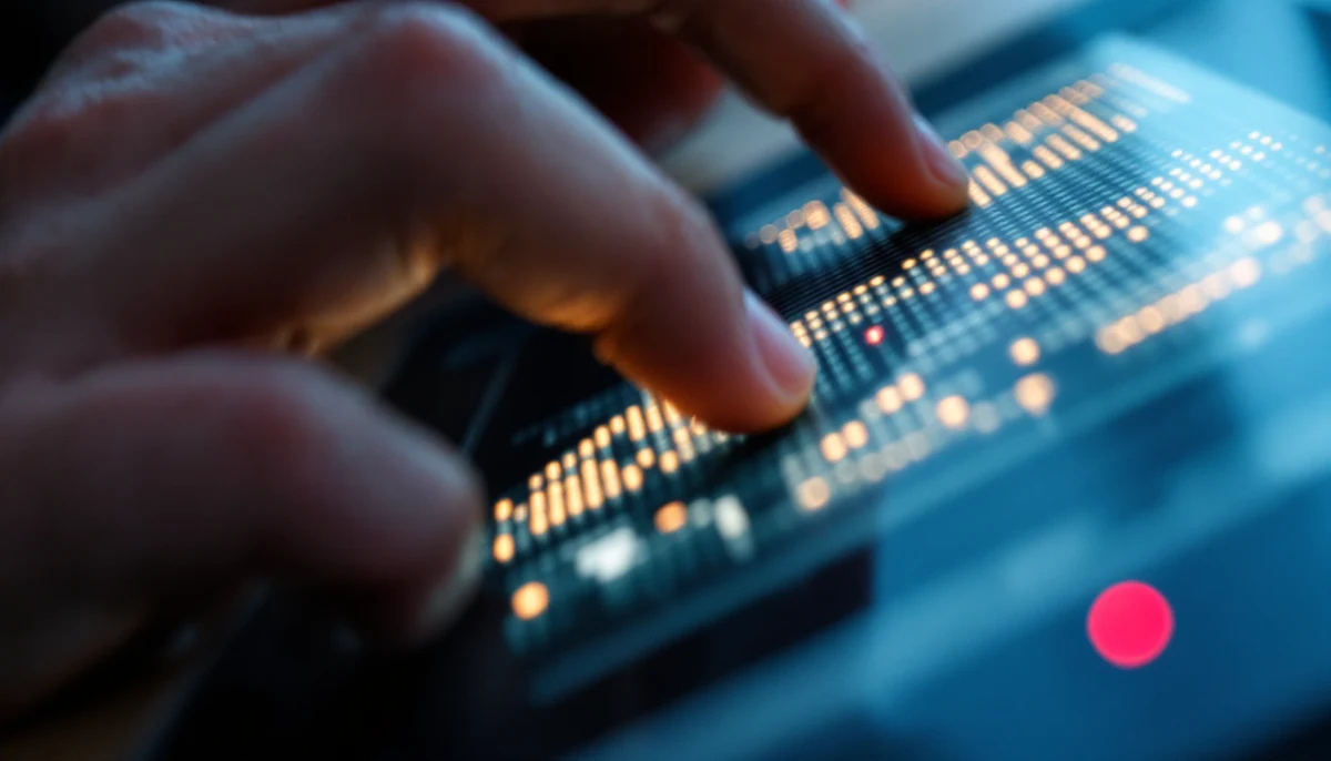A blind person's fingertips reading a tactile line-graph on a multiline refreshable braille tablet in soft natural light.