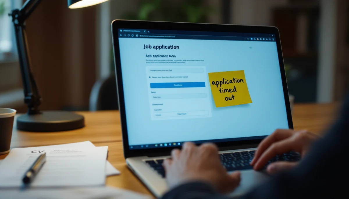 A laptop showing a job-application form with hands typing and a sticky note reading 'application timed out' on the CV beside it — the visual marker for the ATS-accessibility audit.