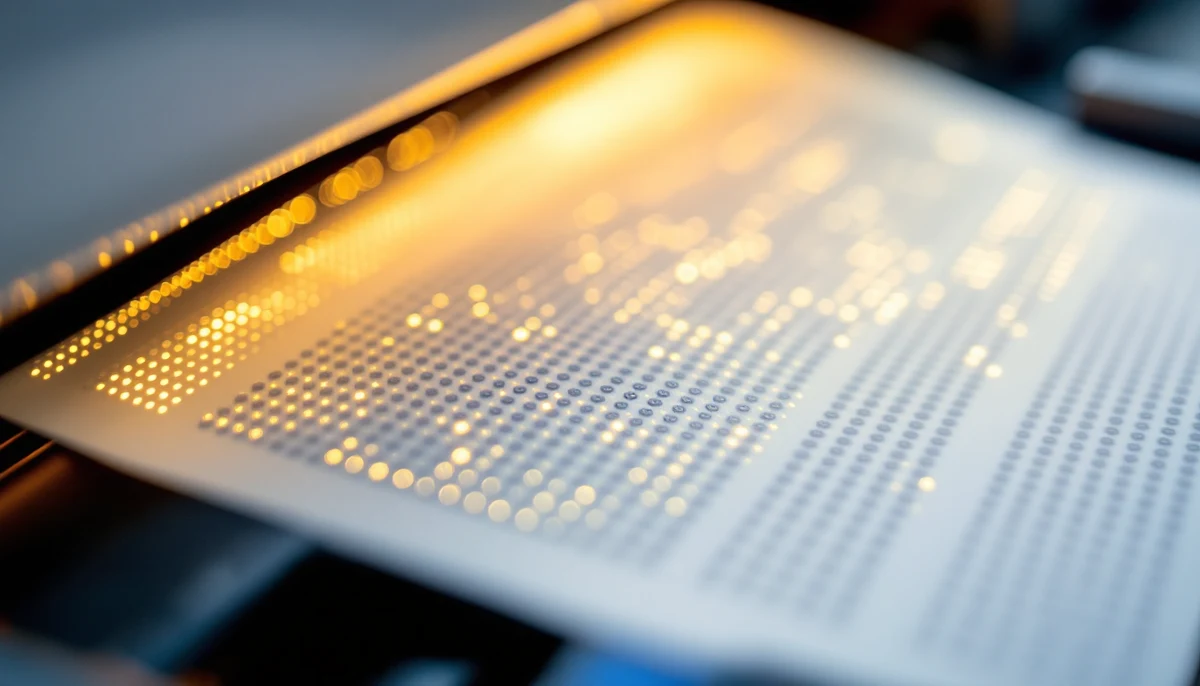 A braille embosser in mid-print with a sheet of braille paper feeding through and embossed dot patterns visible — the visual marker for braille production pipelines.