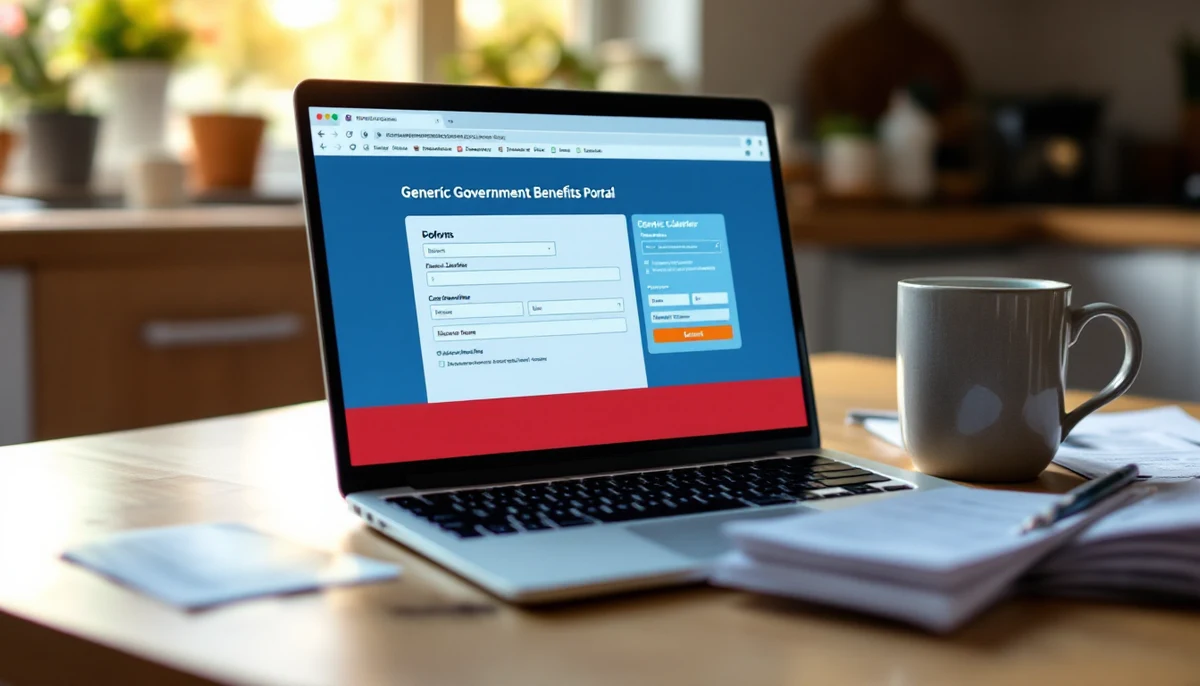 A laptop on a kitchen table showing a generic government-benefits portal interface with a stack of paper forms beside it — the visual marker for the civic-tech benefits-portals audit.