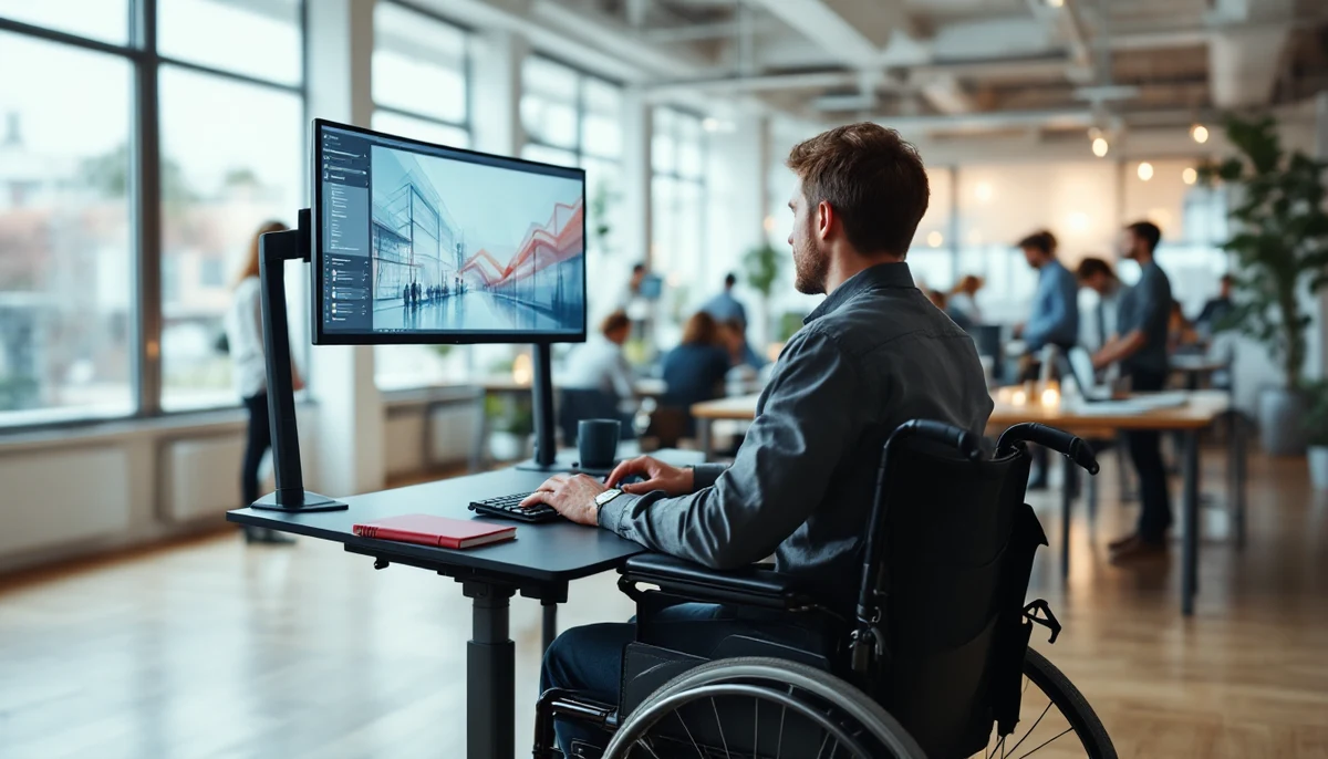 Over-the-shoulder view of a person using a wheelchair working at an adjustable-height desk in a bright open-plan office, colleagues at standing desks behind.