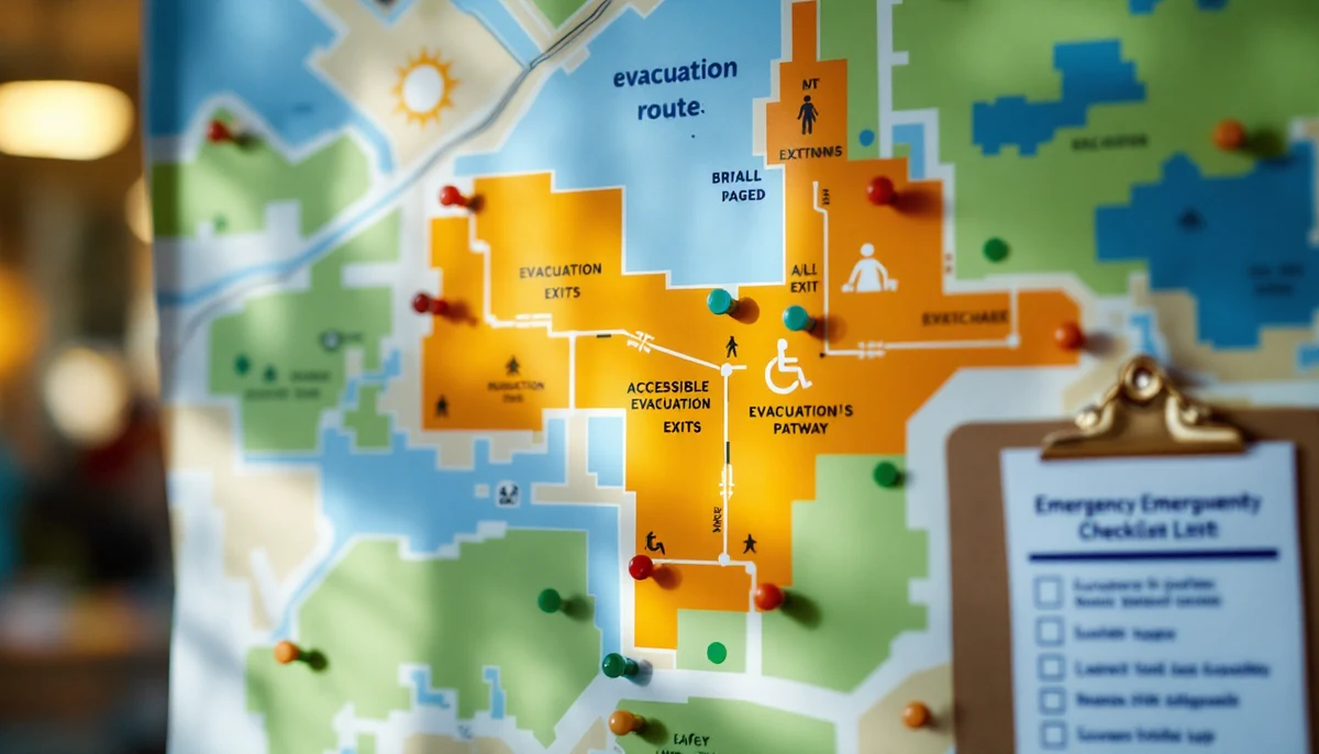 An accessible-evacuation-route map pinned to a community-center wall, with braille-tagged exits and a wheelchair-evacuation pathway highlighted in safety-orange.