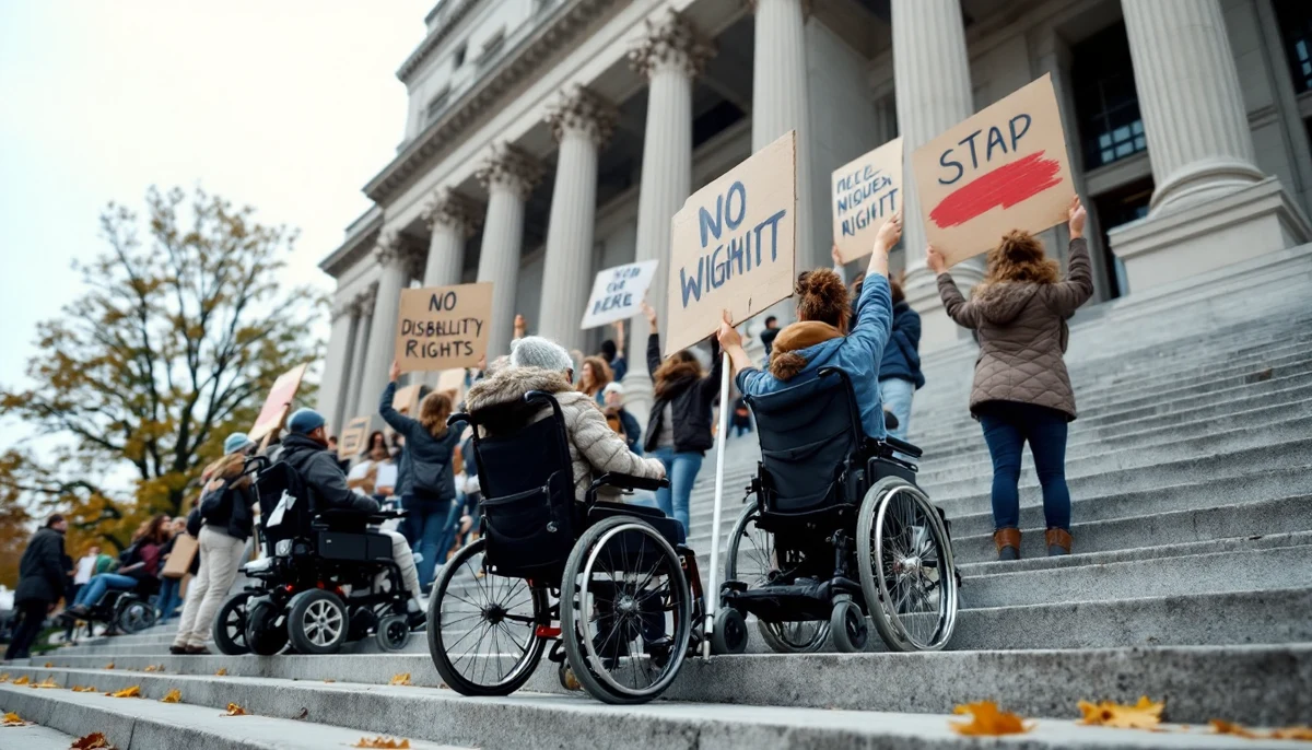 Disability-rights demonstrators with wheelchairs and hand-lettered placards gathered on the stone steps of a civic building, seen from a low angle under an overcast sky.