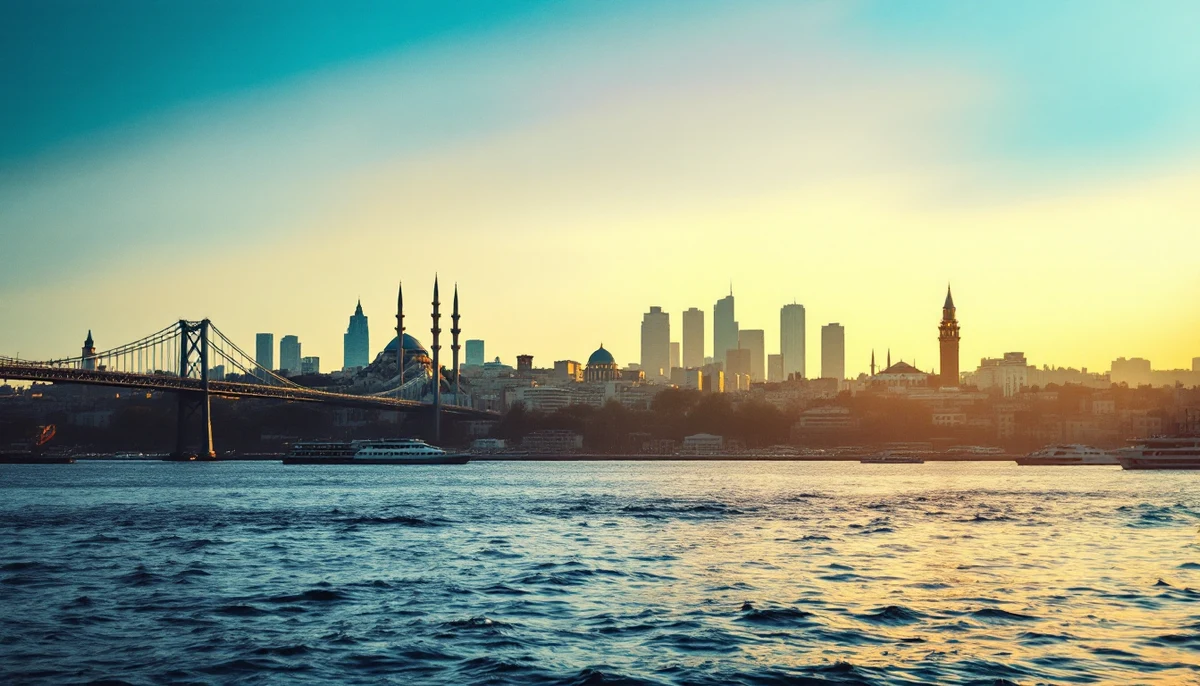 The Bosphorus Bridge in Istanbul at golden hour, with modern minarets and skyscrapers visible across the water — the regional dossier's gateway image.