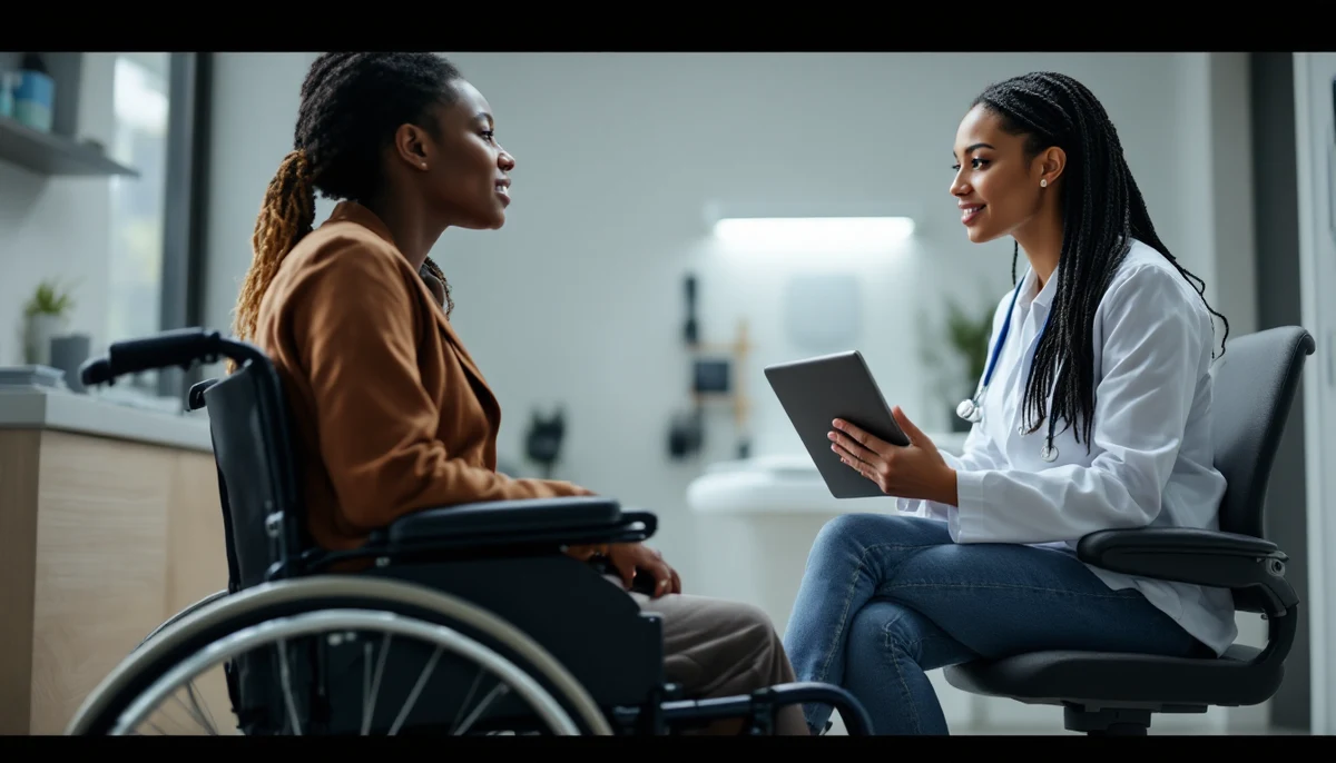 A Black woman in a wheelchair speaking eye-to-eye with a female physician in a modern accessible exam room, with a height-adjustable exam table lowered in the background.