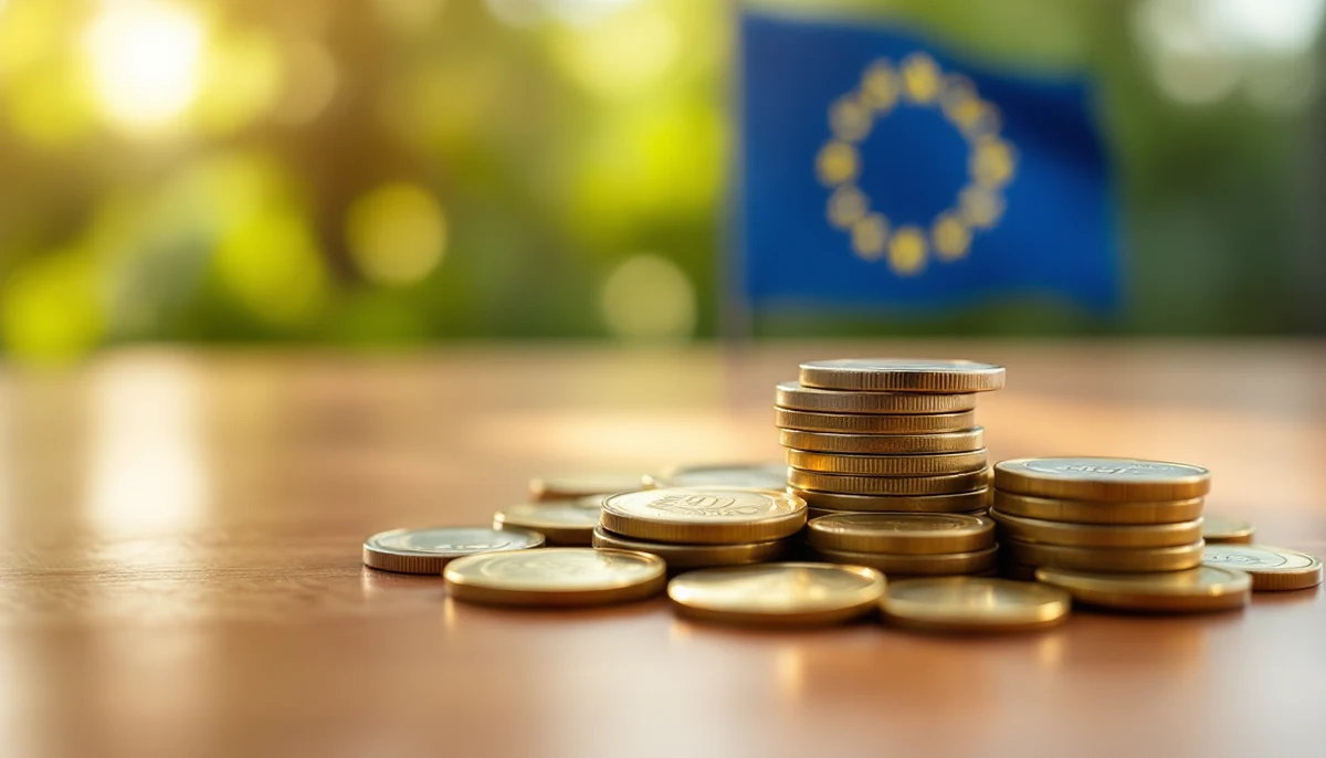 A pile of Euro coins on a polished surface with the EU flag blurred in background — the visual marker for EAA Article 13 penalty-range reporting.