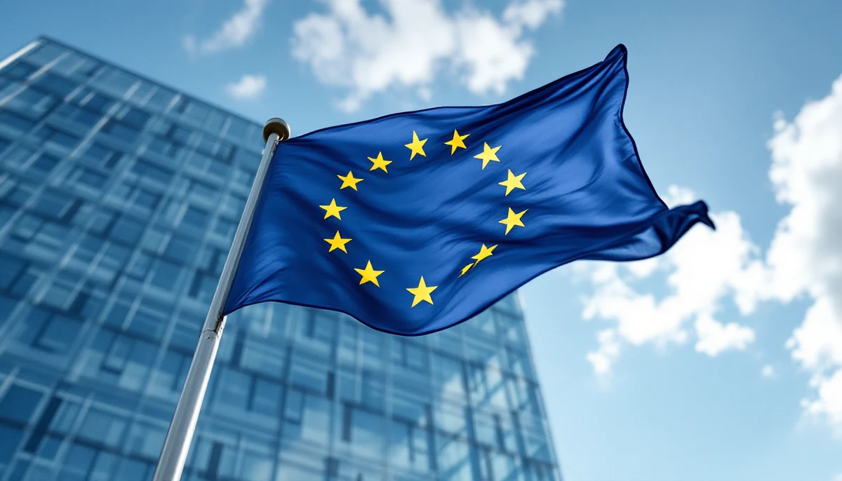 The EU flag flying in front of a modern Brussels government building — visual marker for the European Accessibility Act first-year enforcement report.