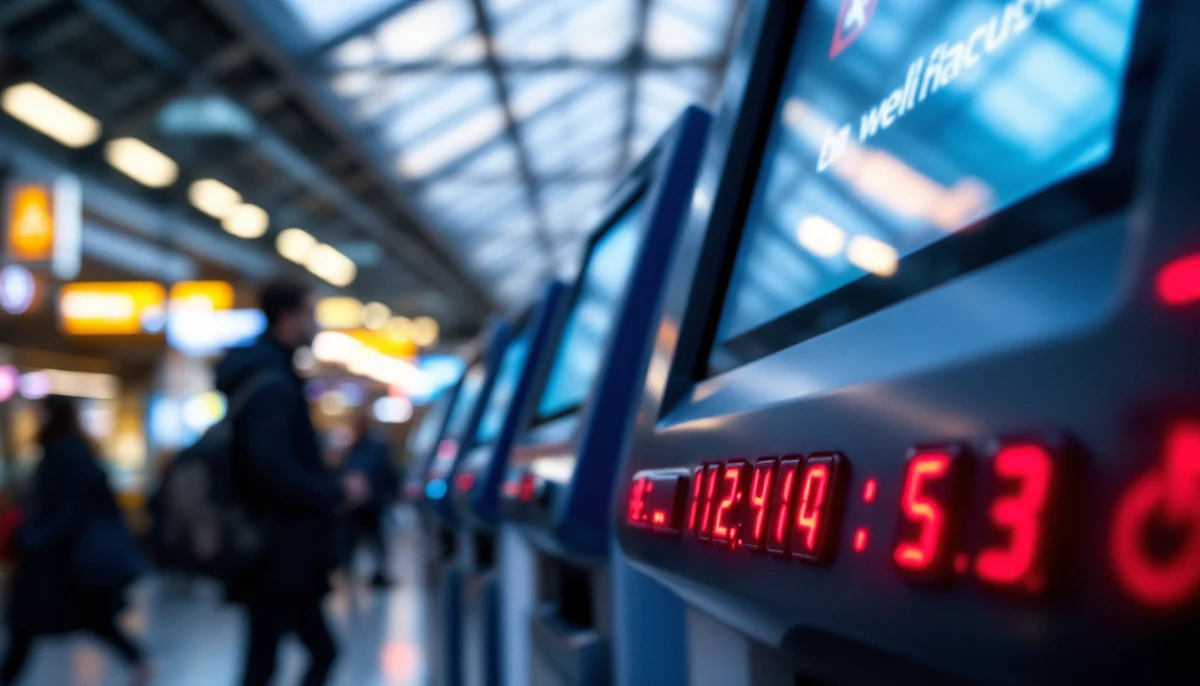A row of self-service terminals in a transit concourse — a ticket kiosk, an ATM and a check-in machine — one fitted with a headphone jack and tactile keypad, the accessible-terminal features the EAA now expects.