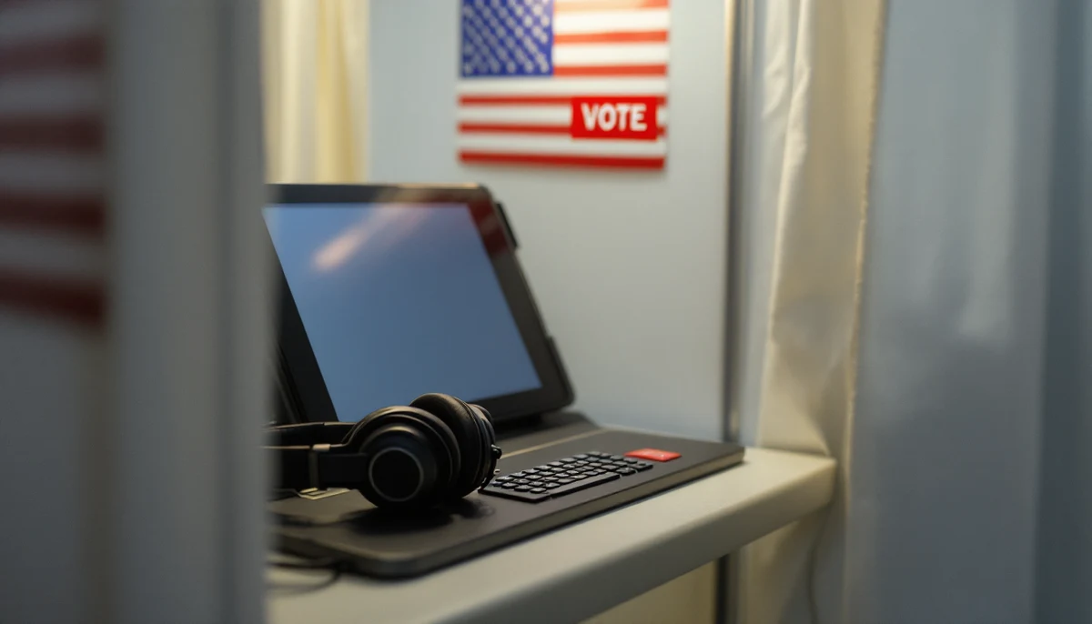 An accessible ballot-marking device with headphones on a tactile keypad inside a curtained voting booth, a wheelchair-height table beside it — the machine HAVA requires at every polling place.
