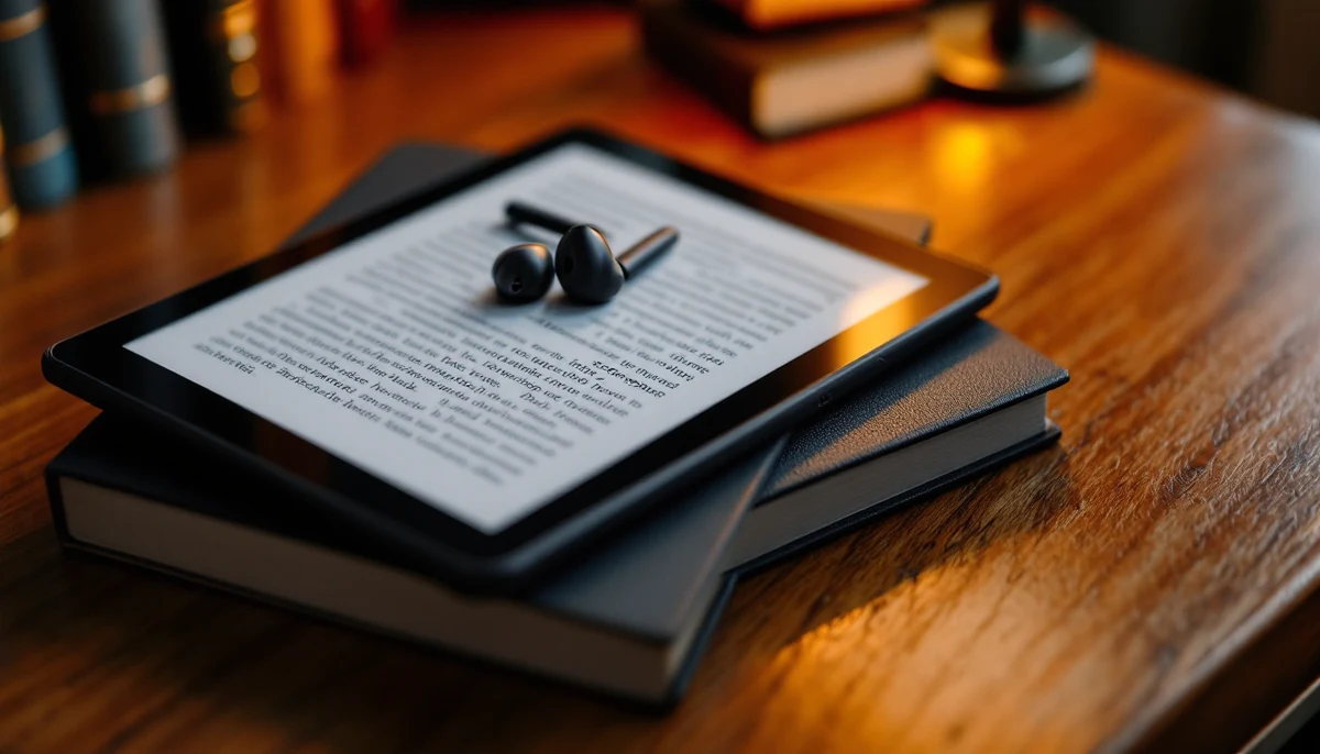 An e-reader showing accessible text on top of a stack of physical books, earbuds resting beside it — the visual marker for accessible EPUB3 publishing.
