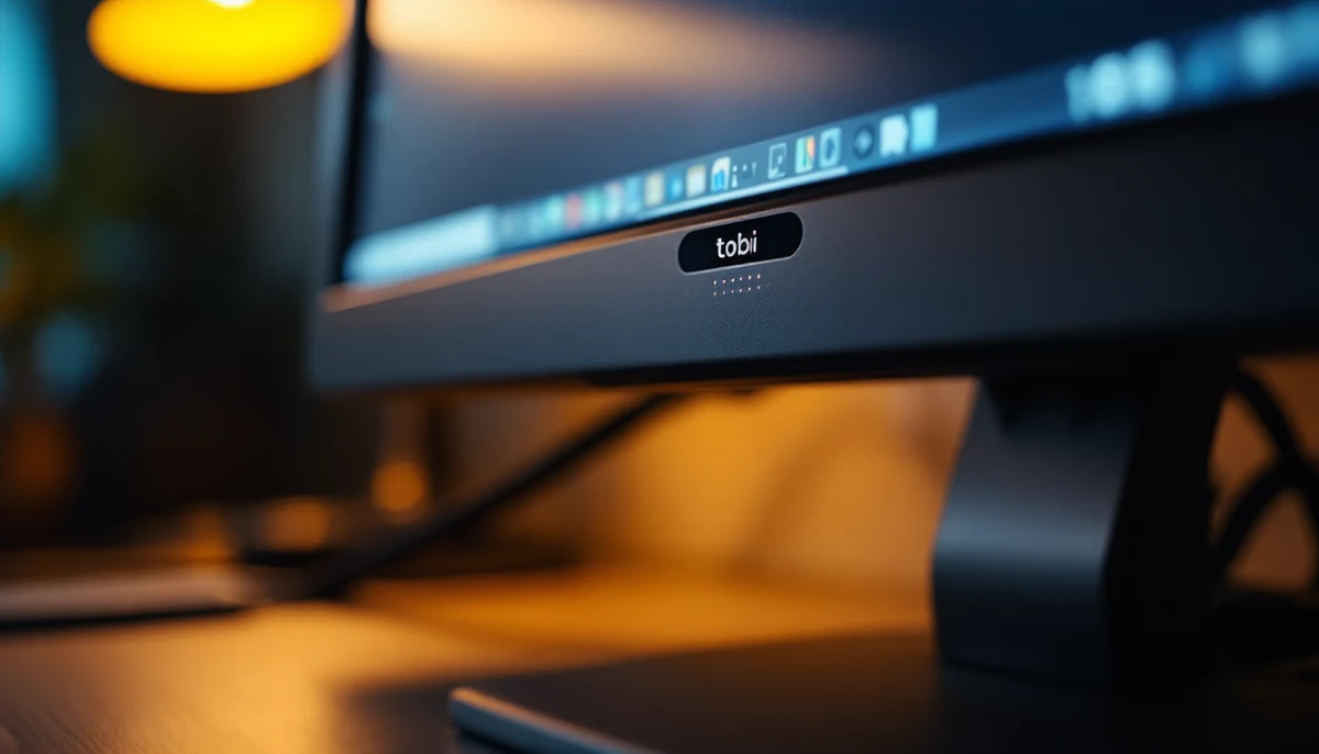 An eye-tracker bar mounted below a monitor with a single-switch button visible on the desk — the visual marker for alternative-input-modalities reporting.