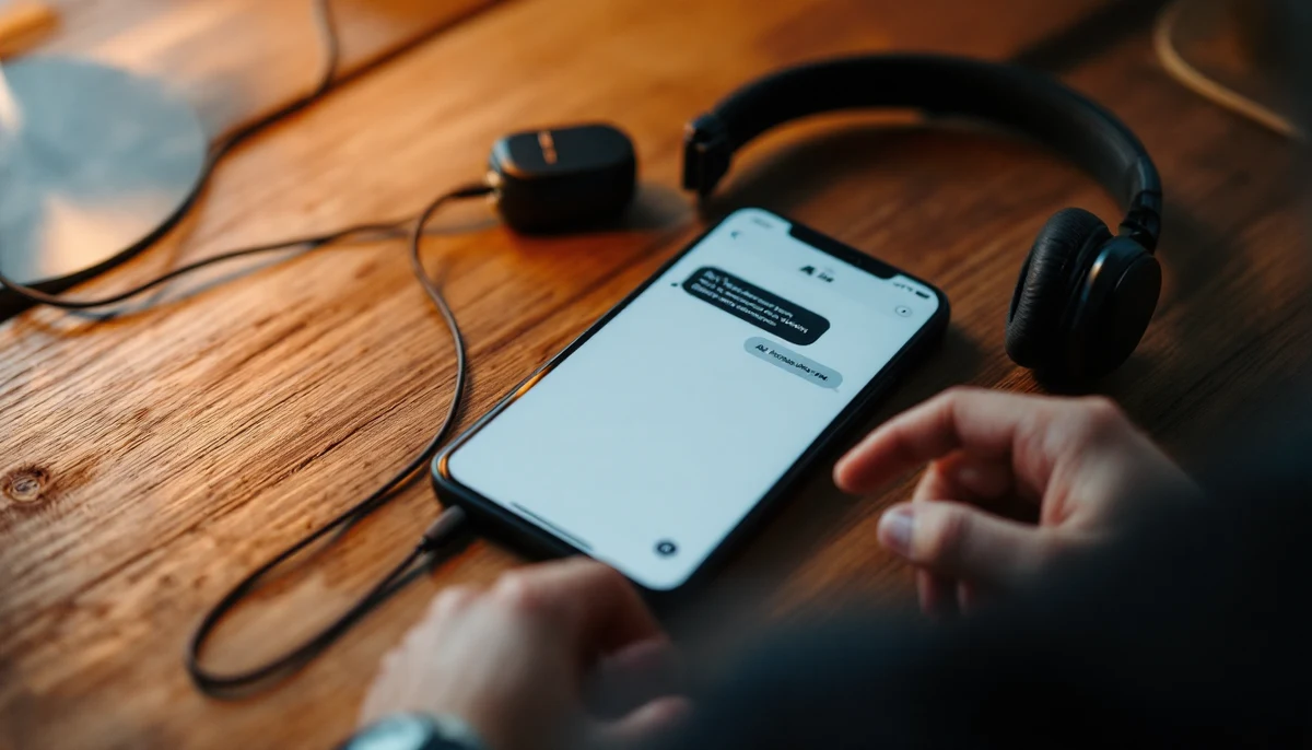 A smartphone showing an AI chat interface with headphones plugged in — the visual marker for screen-reader-friendly AI prompt design.