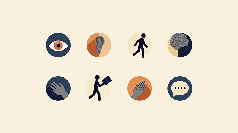The Washington Group Short Set's six functional domains — seeing, hearing, walking, cognition, self-care, and communication — visualized as a clean grid of stylized icons.