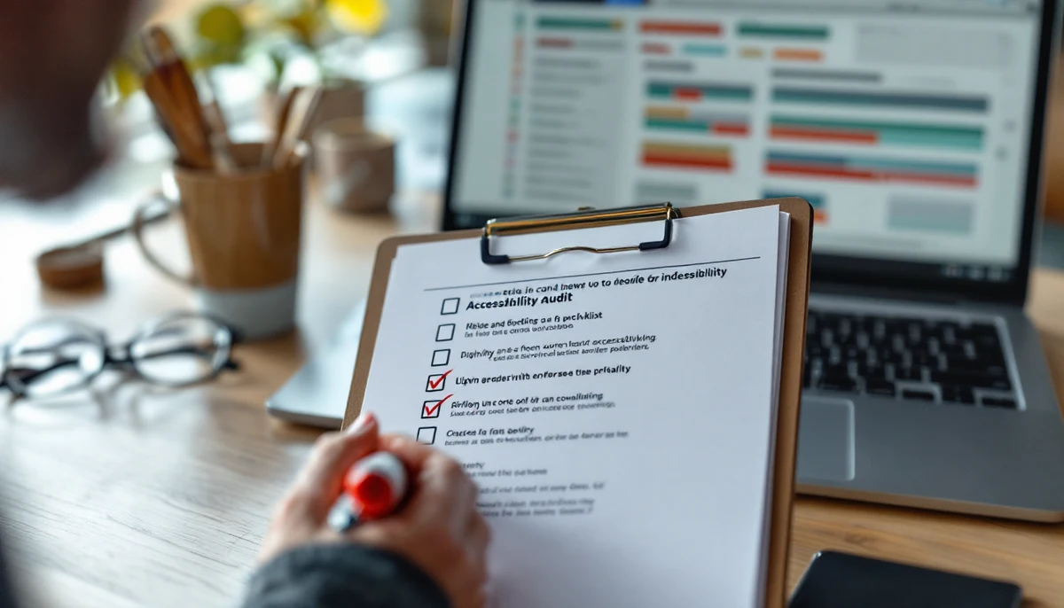 A hand marking off items on a printed accessibility-audit checklist with a red marker, an accessibility-scanner interface visible on a laptop behind — the working scene of the WCAG 2.2 step-by-step playbook.