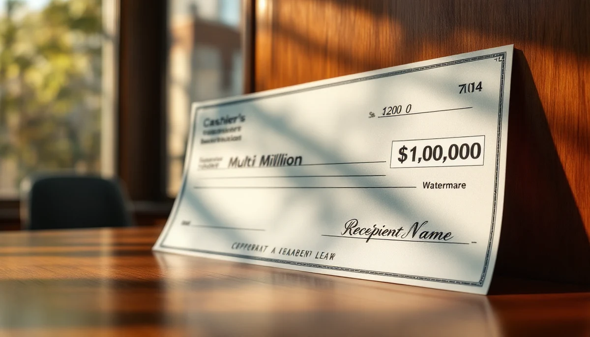 An oversized cashier's check propped against a law-office wall, showing a large settlement amount — visual anchor for the 25-largest-settlements dossier.