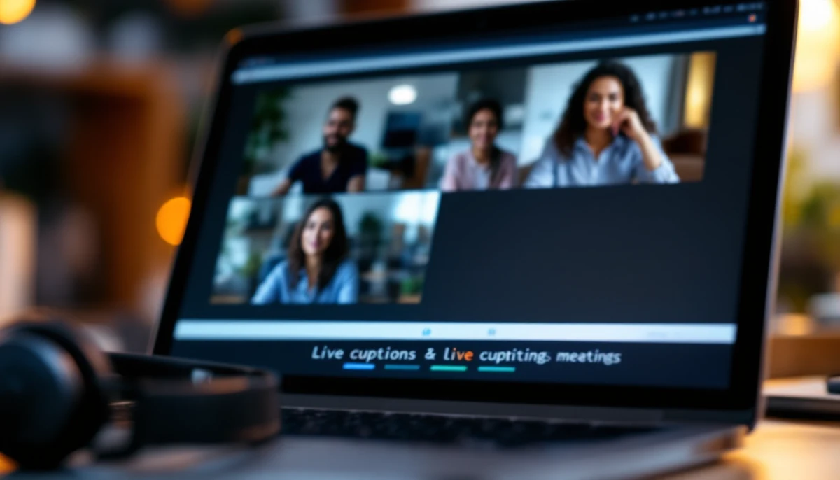 A laptop showing a video conference with live captions visible at the bottom, headphones and microphone in foreground — the visual marker for the live-caption accuracy benchmark.