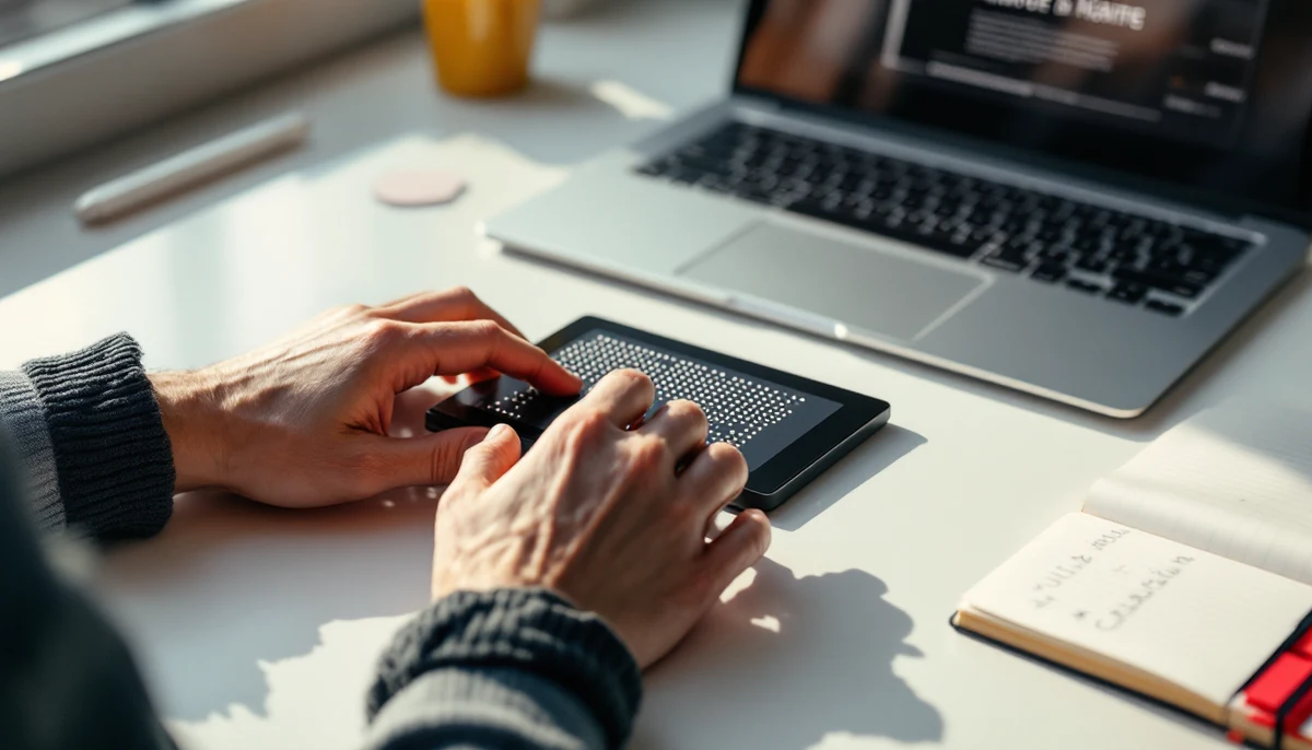 Hands reading a refreshable braille display next to a laptop showing a website-under-test wireframe and an audit notebook — the manual-audit testing scene.