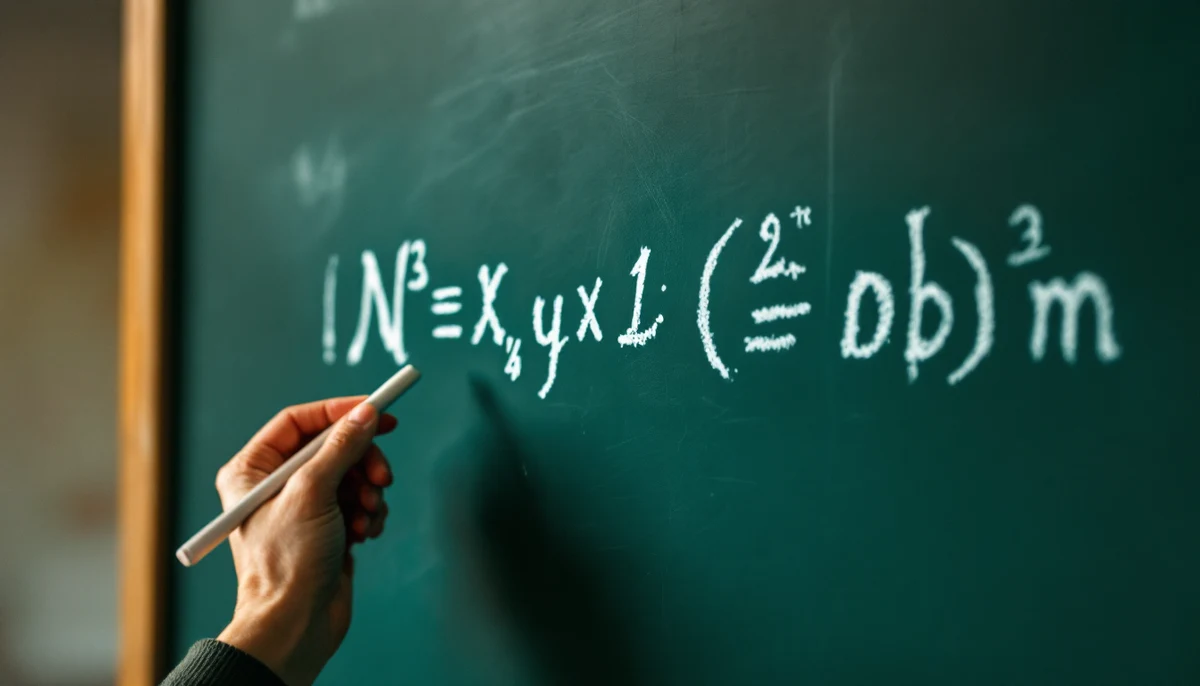 A chalkboard with a mathematical equation in chalk and a hand about to add another term — the visual marker for math accessibility on the web.