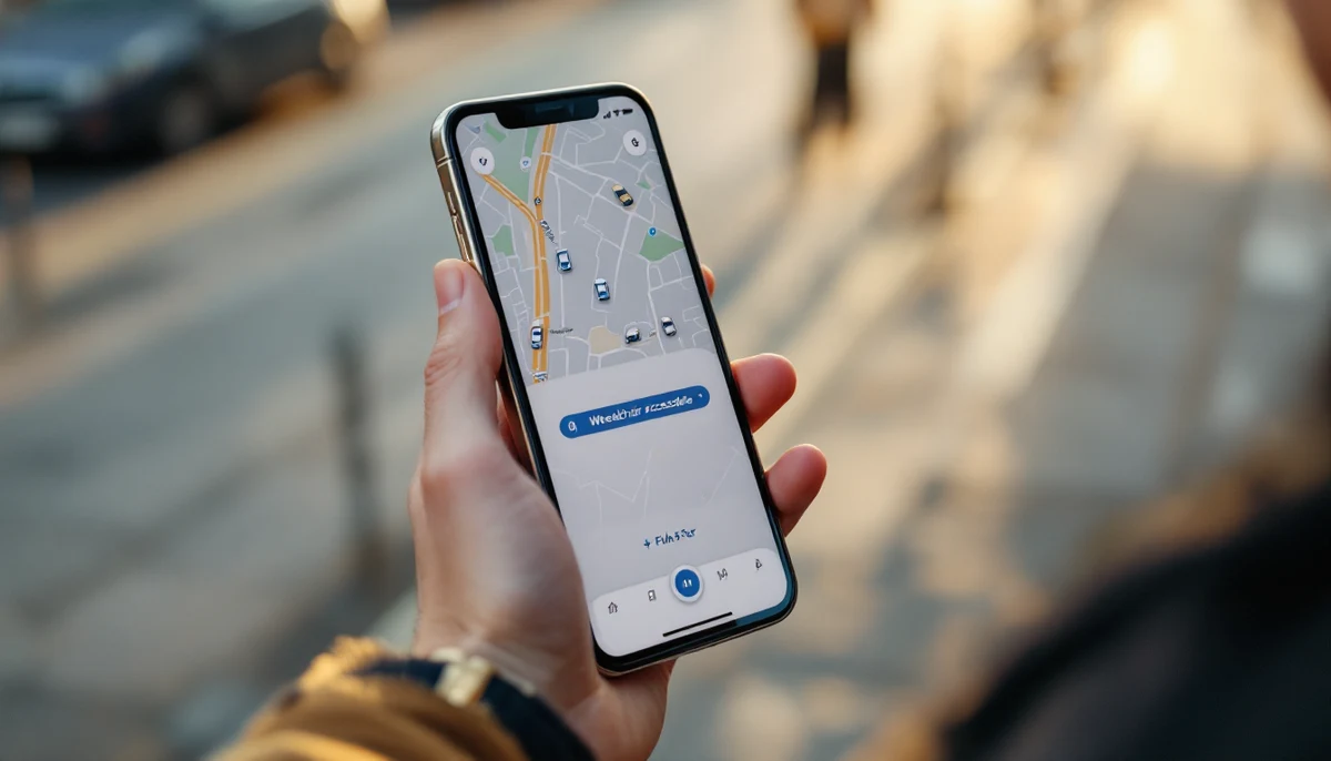 A smartphone showing a ride-hail app's map with a wheelchair-accessible filter toggle, kerb cut visible in soft focus background — the visual marker for the mobility-apps disabled-rider audit.
