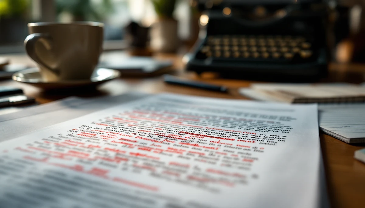An editor's desk with a printed article draft covered in red-pen edits and a typewriter blurred in the background — the visual marker for the neurodiversity-coverage editorial-fix essay.