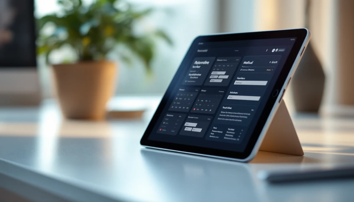 A tablet on a clean desk showing a medical appointment scheduling interface with calendar tiles — the visual marker for EHR patient portal audit.