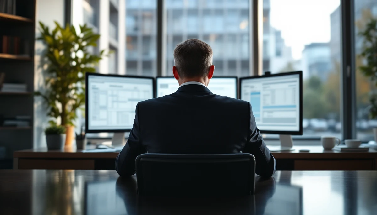A lawyer seen from behind at a modern law-office desk reviewing court filings — the visual marker for the private-action-vs-regulator comparative analysis.