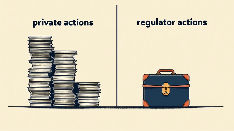 A side-by-side diagram contrasting private rights of action (high filing volume) with regulator enforcement (fewer but more consistent cases).