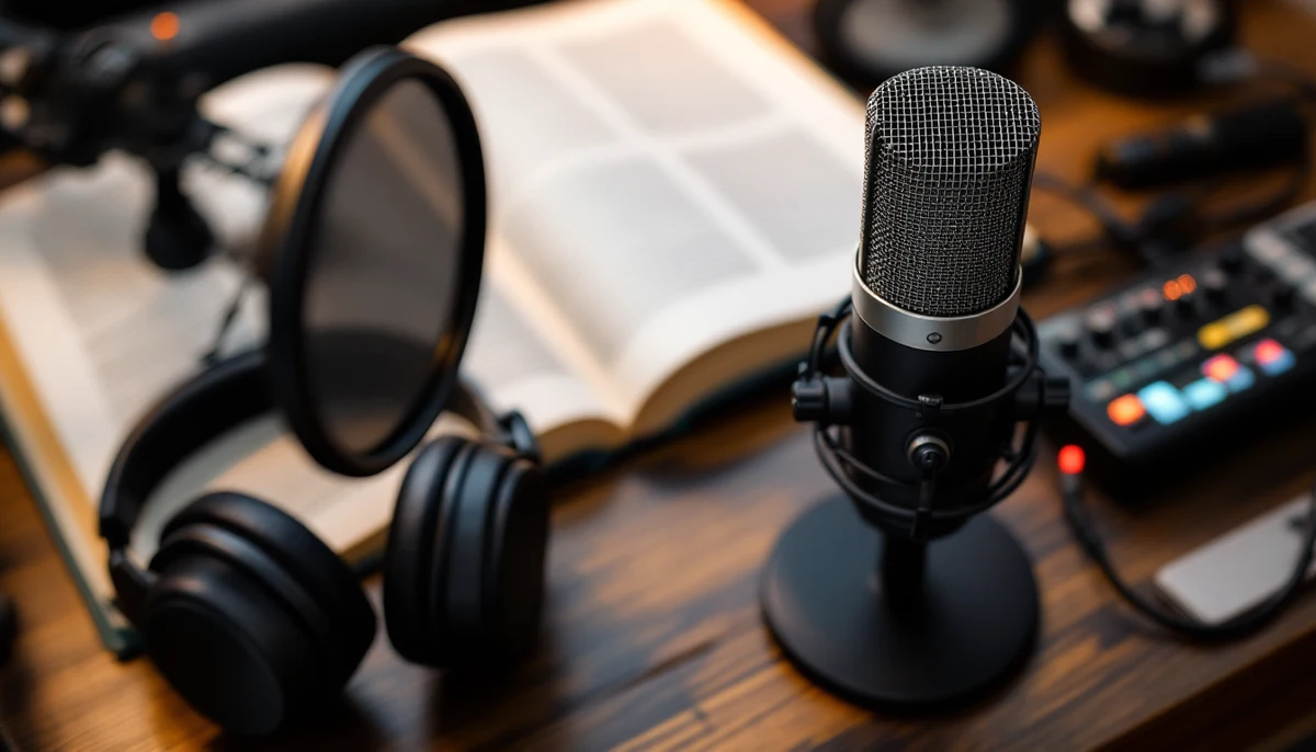 A professional studio microphone beside an open textbook with headphones and audio controls — the visual marker for audio-textbook production.