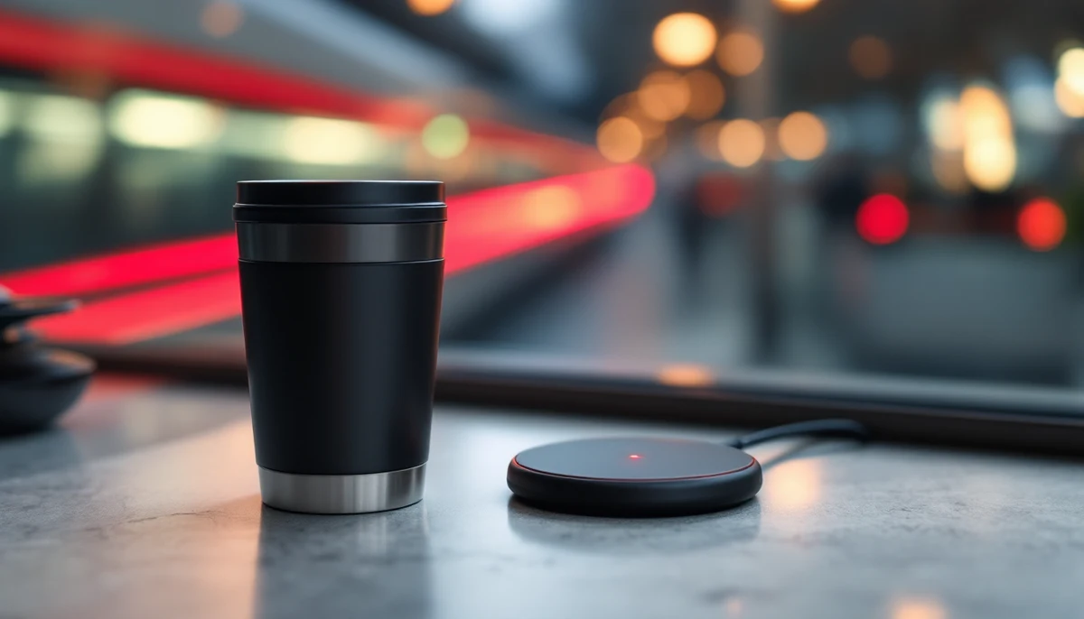 An insulated travel mug beside a wireless charging puck with a red status LED glowing, train-station motion blur behind — the visual marker for PWA accessibility in the offline-first mobile context.