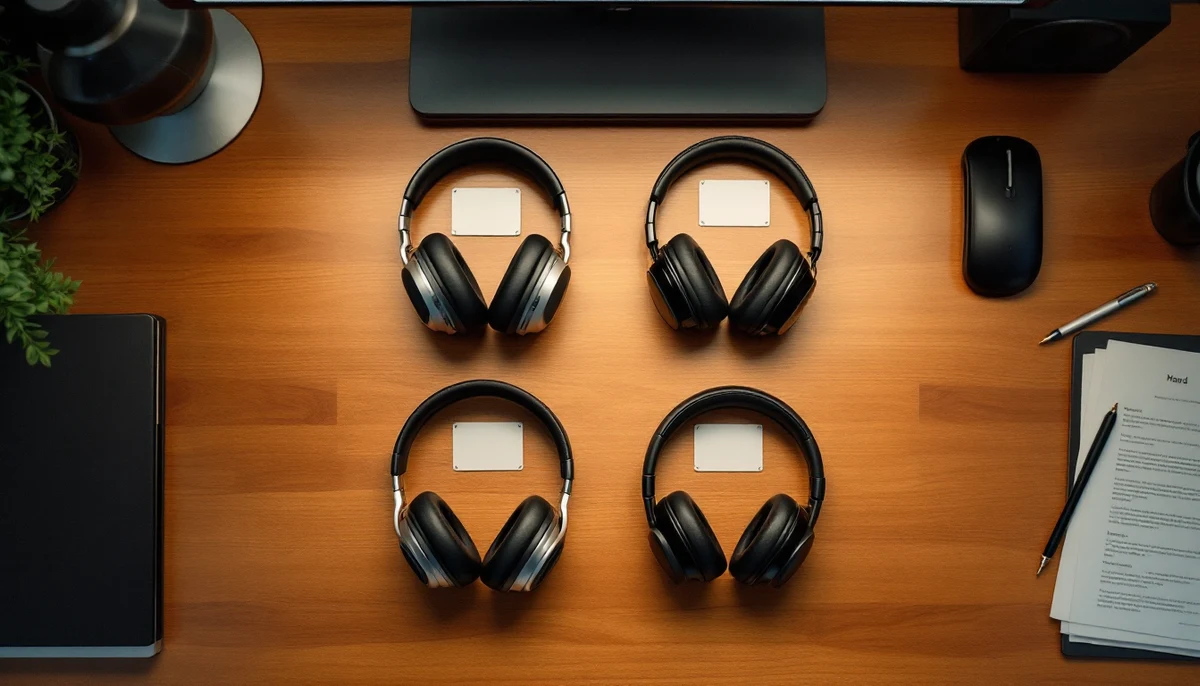 Four pairs of headphones arranged in a flat-lay grid on a wooden desk — the visual marker for the screen-reader landscape catalogue.