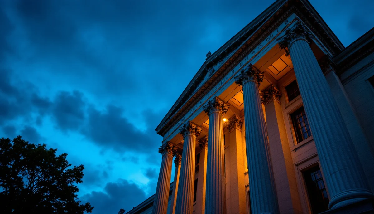 A US federal courthouse facade at twilight, neoclassical columns and a single lit window glowing — the institutional anchor of ADA Title III litigation.
