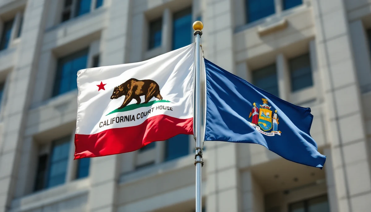 The California Bear Flag and the New York State flag mounted side-by-side in front of a courthouse — visual anchor for state-level ADA supplements reporting.